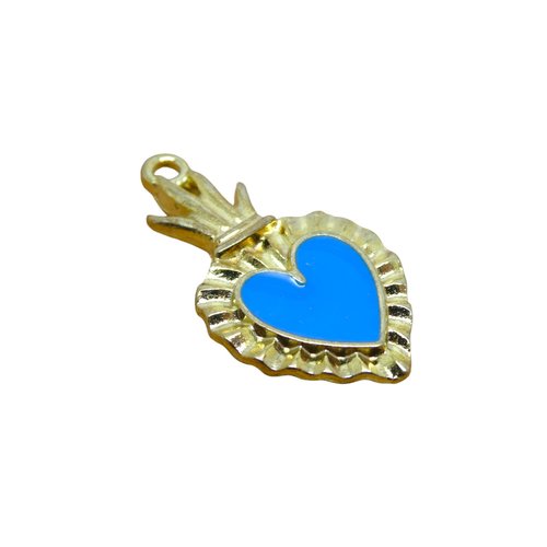 4 breloques coeur ex-voto - 27x15mm - doré et émail bleu (8sbd370)