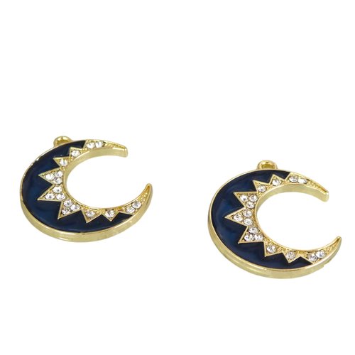 2 breloques, pendentifs lune - 22x19mm - doré, émail bleu et strass (kbd93)