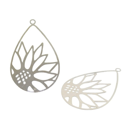 2 pendentifs estampes filigranées forme goutte - fleur - 47x30mm - argenté (8sef101)