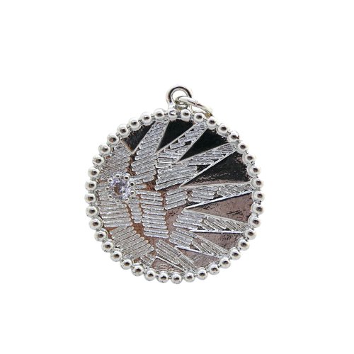 Pendentif rond 29x23mm motif feuilles avec zircons - laiton argent platine (8sba173)