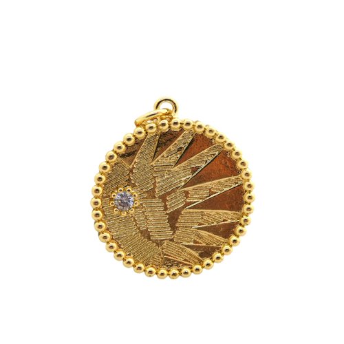 Pendentif rond 29x23mm motif feuilles avec zircons - laiton doré or 18k (8sbd379)