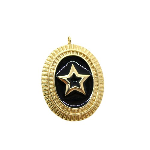 Pendentif ovale avec étoile - 24x18mm - doré or 18k et émail noir (8sbd381)