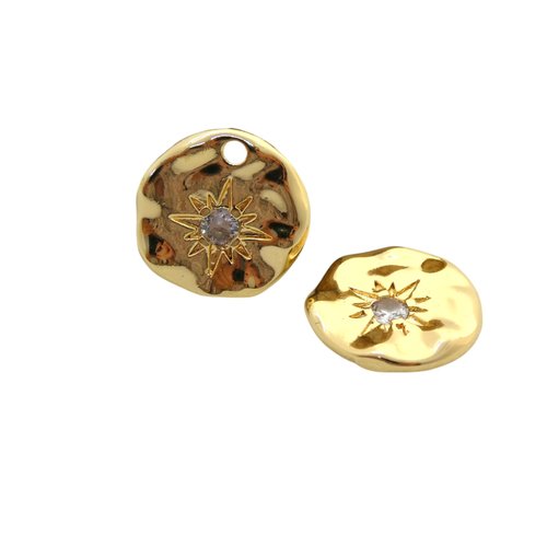 Pendentif breloque rond martelé 14mm - doré or 18k - soleil strass transparent (8sbd382)