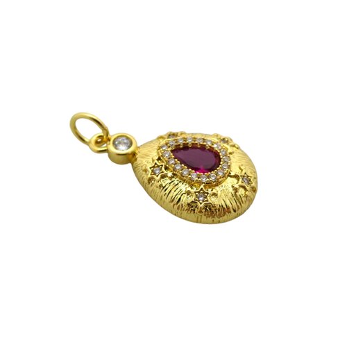 1 pendentif forme goutte 24x12mm - laiton doré or 18k - zirconiums fuchsia (8sbd385)