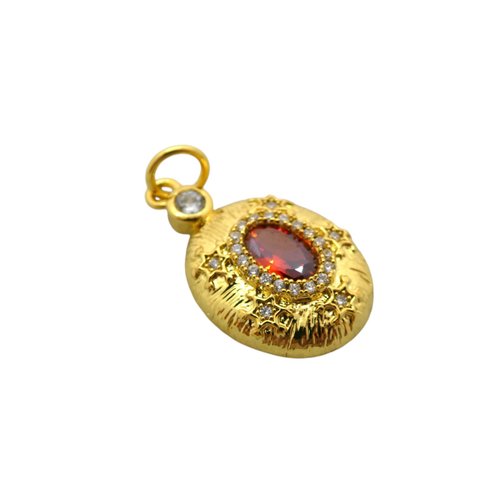1 pendentif ovale 24x12.5mm - laiton doré or 18k - zirconiums ambre orangé et cristal (8sbd390)
