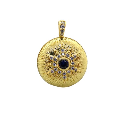 1 pendentif rond 21x16mm - laiton doré or 18k - zirconiums cristal et bleu saphir (8sbd391)