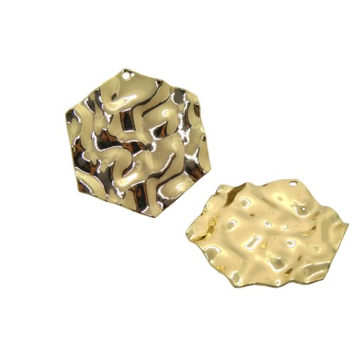 2 pendentifs, breloques géométriques hexagone martelé - 34x30mm - doré (8sbd392)