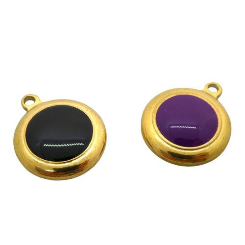 1 pendentif rond 20x16mm acier inox doré 304 et émail noir ou violet (8sbi09-10)