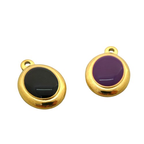 1 pendentif ovale 21x15mm acier inox doré 304 et émail noir ou violet (8sbi11-12)
