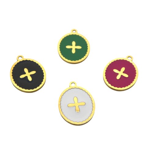 1 breloque, pendentif ovale avec croix 13x9.5mm - acier inox 304 et émail noir, blanc, vert ou fuchsia (8sbi15-18)