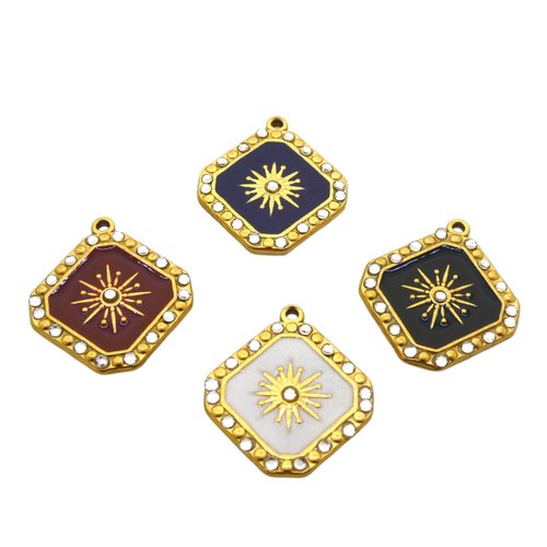 1 pendentif losange 20x15mm avec étoile - acier inox 304 doré, strass et émail bordeaux, bleu foncé, noir ou blanc (8sbi19-22)