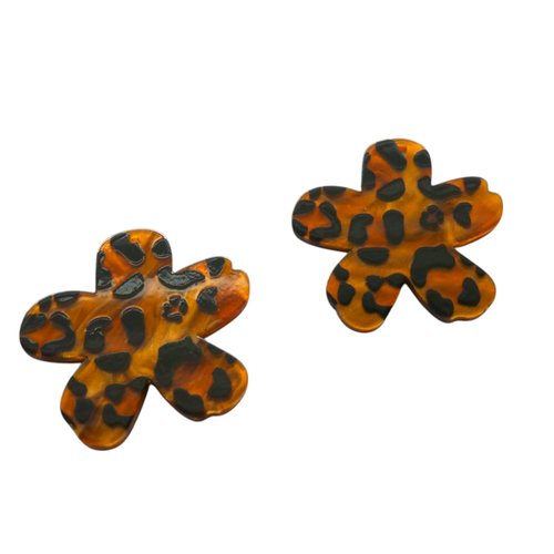 2 pendentifs fleurs en acrylique 35x34mm imprimé léopard marron (ibr01)