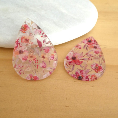 2 pendentifs goutte en acrylique transparent imprimé fleurs rose - 49x32mm (phbr01)