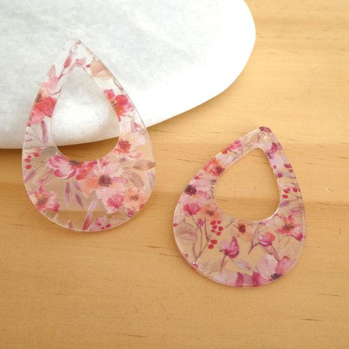 2 pendentifs goutte évidée en acrylique transparent imprimé fleurs rose - 49x32mm (phbr02)