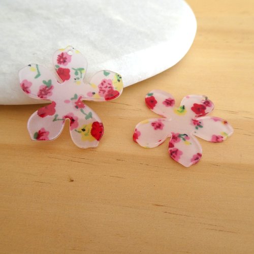 2 pendentifs fleur en acrylique transparent imprimé fleurs rouge - 31x32mm (phbr03)