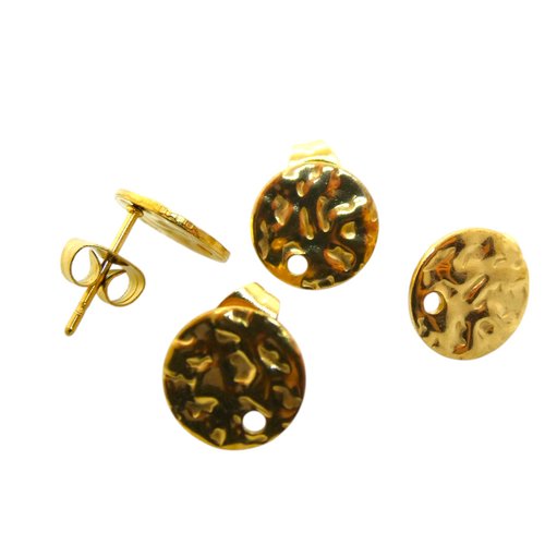 2 paires boucles d'oreilles à clous ronds martelés 10mm avec un trou, acier inoxydable doré 304 (usbo48)