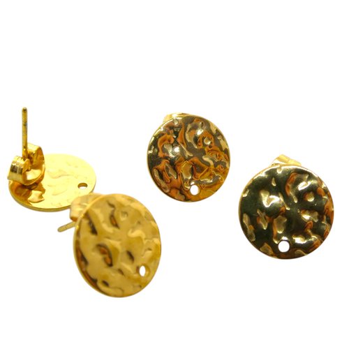 2 paires boucles d'oreilles à clous ronds martelés 12mm avec un trou, acier inoxydable doré 304 (usbo50)