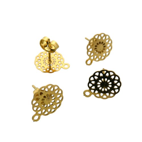 1 paire boucles d'oreilles fleur filigranée 13x10mm, 1 trou, acier inoxydable doré, clous d'oreilles (usbo52)