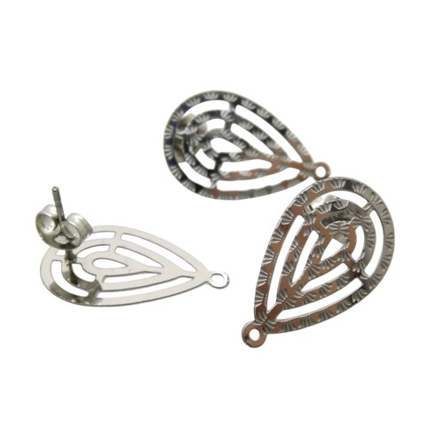 Paire boucles d'oreilles goutte ajourée 22x14mm, acier inoxydable, 1 trou - clous d'oreilles goutte acier (usbo55)