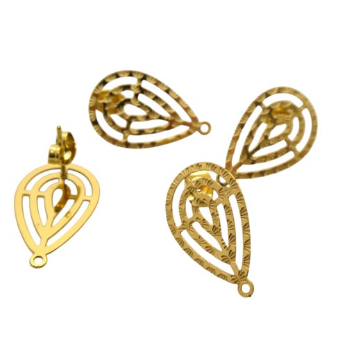 Paire boucles d'oreilles goutte ajourée 22x14mm, acier inoxydable doré, 1 trou - clous d'oreilles goutte acier doré (usbo56)
