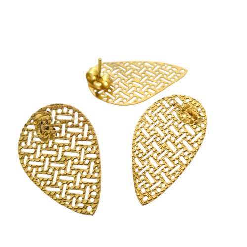 Paire boucles d'oreilles goutte filigranée 26x17mm, acier inoxydable doré, 1 trou - clous d'oreilles goutte acier doré (usbo58)