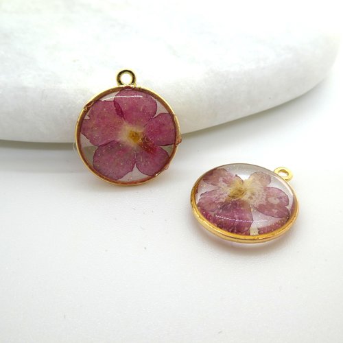 2 pendentifs ronds 18mm fleurs séchées prune et paillettes - alliage zinc et résine - breloque fleur pressée prune (np07)