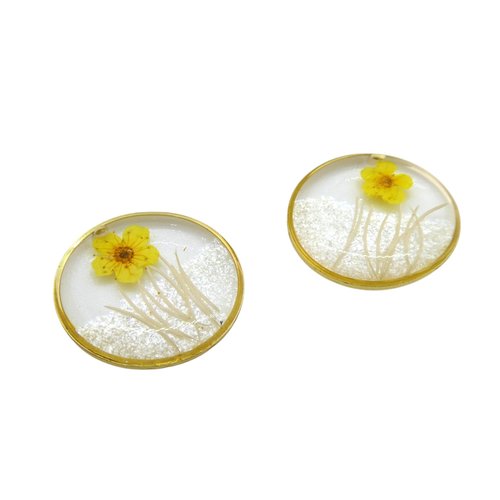 2 pendentifs ronds 22mm fleurs séchées jaune et paillettes - alliage zinc et résine - breloque fleur pressée jaune (np10)