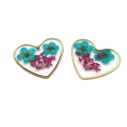 2 pendentifs coeur 18x20mm fleurs séchées turquoise et rose fuchsia - breloques fleurs pressées bleu et rose, résine (np11)