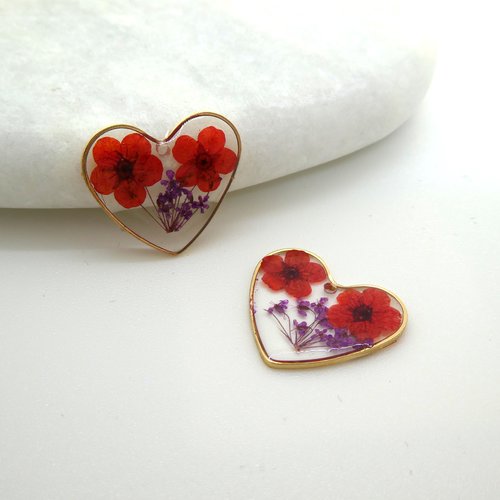 2 pendentifs coeur 18x20mm fleurs séchées rouge et violet - breloques fleurs pressées  et rouge, violet, résine (np12)