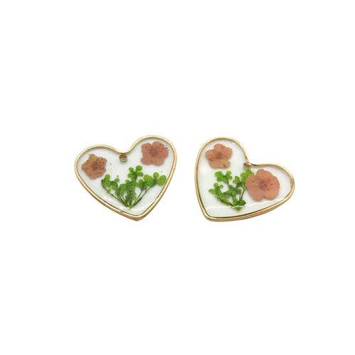 2 pendentifs coeur 18x20mm fleurs séchées rose et vert - breloques fleurs pressées rose et vert, résine (np13)