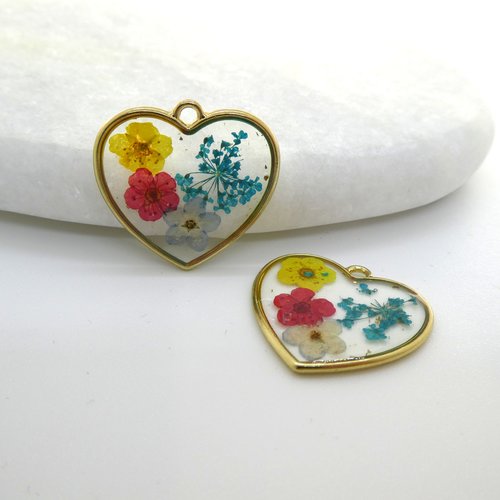 2 pendentifs coeur 24x23mm fleurs séchées bleu, rouge, jaune - breloques fleurs pressées rouge, bleu,jaune, résine (np18)