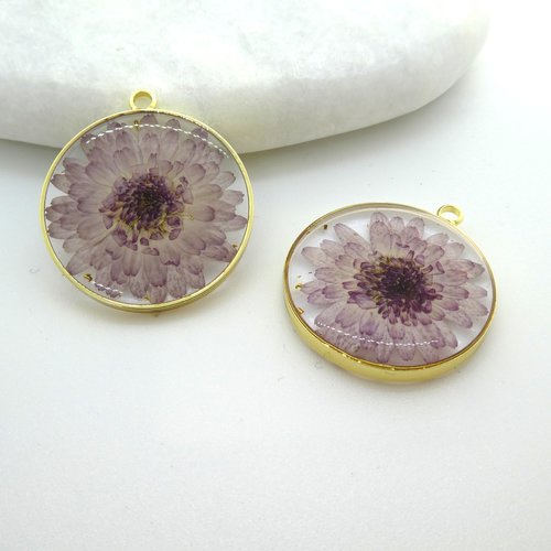 1 pendentif rond 30mm fleurs séchées blanc, violet et feuille d'or - fleurs pressées violet, breloque (np25)