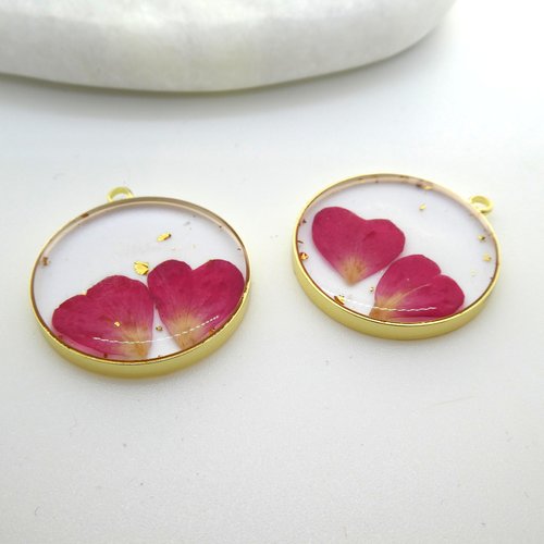 1 pendentif rond 30mm fleurs séchées rose fuchsia et feuille d'or - fleurs pressées rose fuchsia, breloque (np27)
