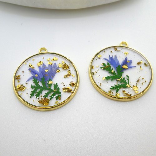 1 pendentif rond 28mm fleurs séchées bleu et feuille d'or - pendentif fleurs pressées bleu (np30)