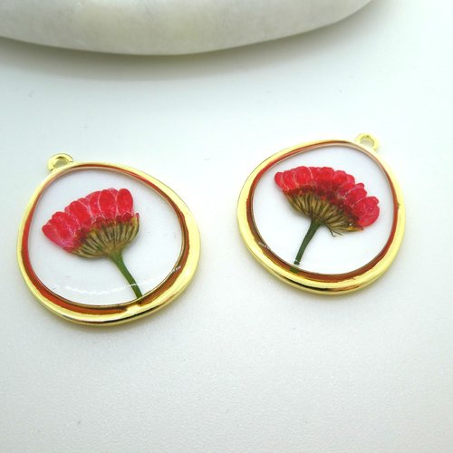 2 pendentifs ovales 35x27mm fleurs séchées rouge - pendentif fleurs pressées rouge (np32)