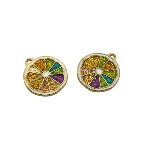 2 breloques rondelles de citron 20x22mm doré et émail jaune, orange - breloques fruits (nbd01)
