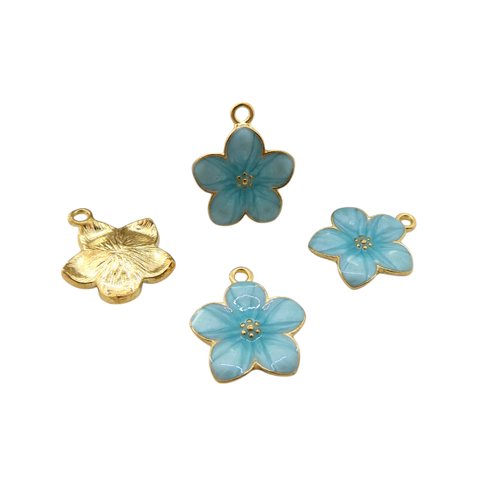 4 breloques fleur 20x16mm doré et émaillé bleu turquoise (nbd03)