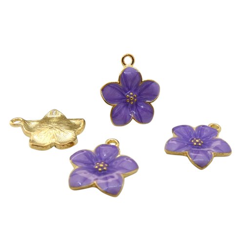 4 breloques fleur 20x16mm doré et émaillé violet (nbd04)