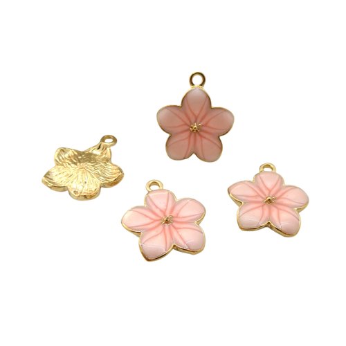 4 breloques fleur 20x16mm doré et émaillé rose (nbd06)