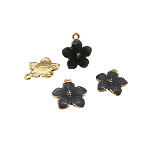 4 breloques fleur 17x15mm émaillées noir (nbd07)