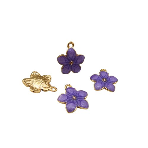 4 breloques fleur 17x15mm émaillées violet (nbd09)