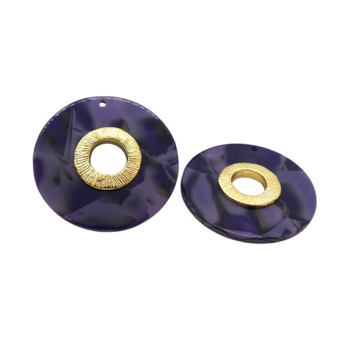 2 pendentifs ronds en acrylique violet 37mm, pendentif résine violet (nbr01)