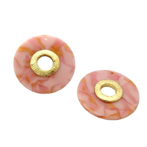 2 pendentifs ronds en acrylique rose 37mm, pendentif résine rose (nbr02)