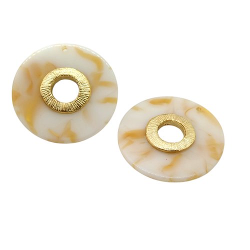 2 pendentifs ronds en acrylique blanc et beige 37mm, pendentif résine blanc et beige (nbr03)
