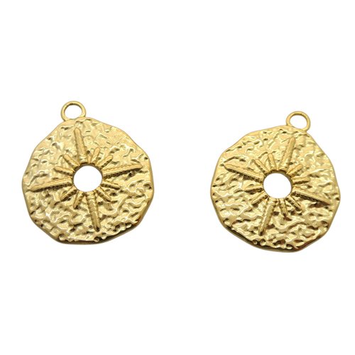 2 pendentifs ronds martelés etoile ajourée 23x12mm acier inoxydable 304 doré - breloque étoile acier (usbdai23)