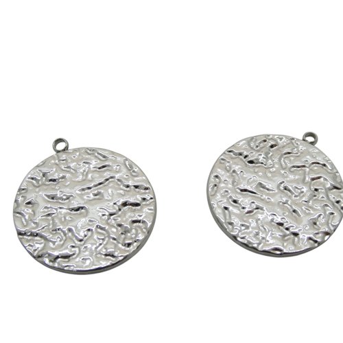 2 pendentifs ronds martelés 23x20mm en acier inoxydable 304 - breloques martelées argenté (usbai21)