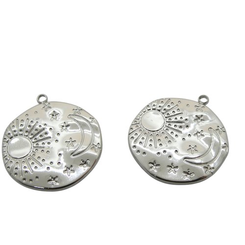 2 pendentifs, breloques ronds 23x21mm - soleil, lune, étoiles - acier inoxydable 304 (usbai23)