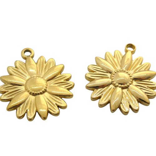 2 pendentifs fleur 26x22mm en acier inoxydable 304 doré - breloque tournesol, marguerite or (usbdai28)