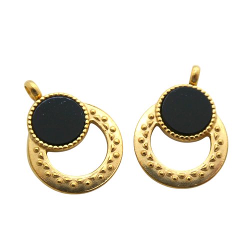 1 pendentif ethnique rond 21x15mm acier inoxydable 304 doré et résine noir (usbdai34)
