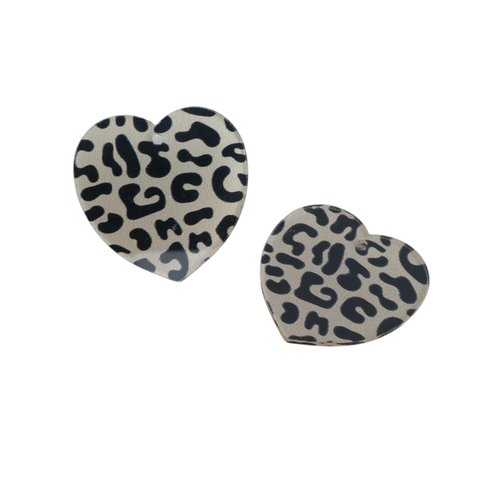 2 pendentifs coeur en acrylique opaque 30x27mm imprimé léopard beige et noir (phbr08)